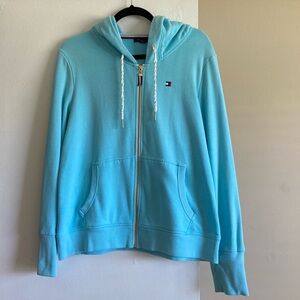 Tommy Hilfiger Women`s Hoodie XL Baby Blue Zipper Up Sweater